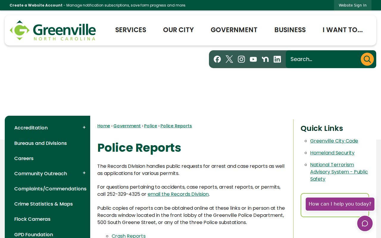 Greenville criminal records and police reports request page