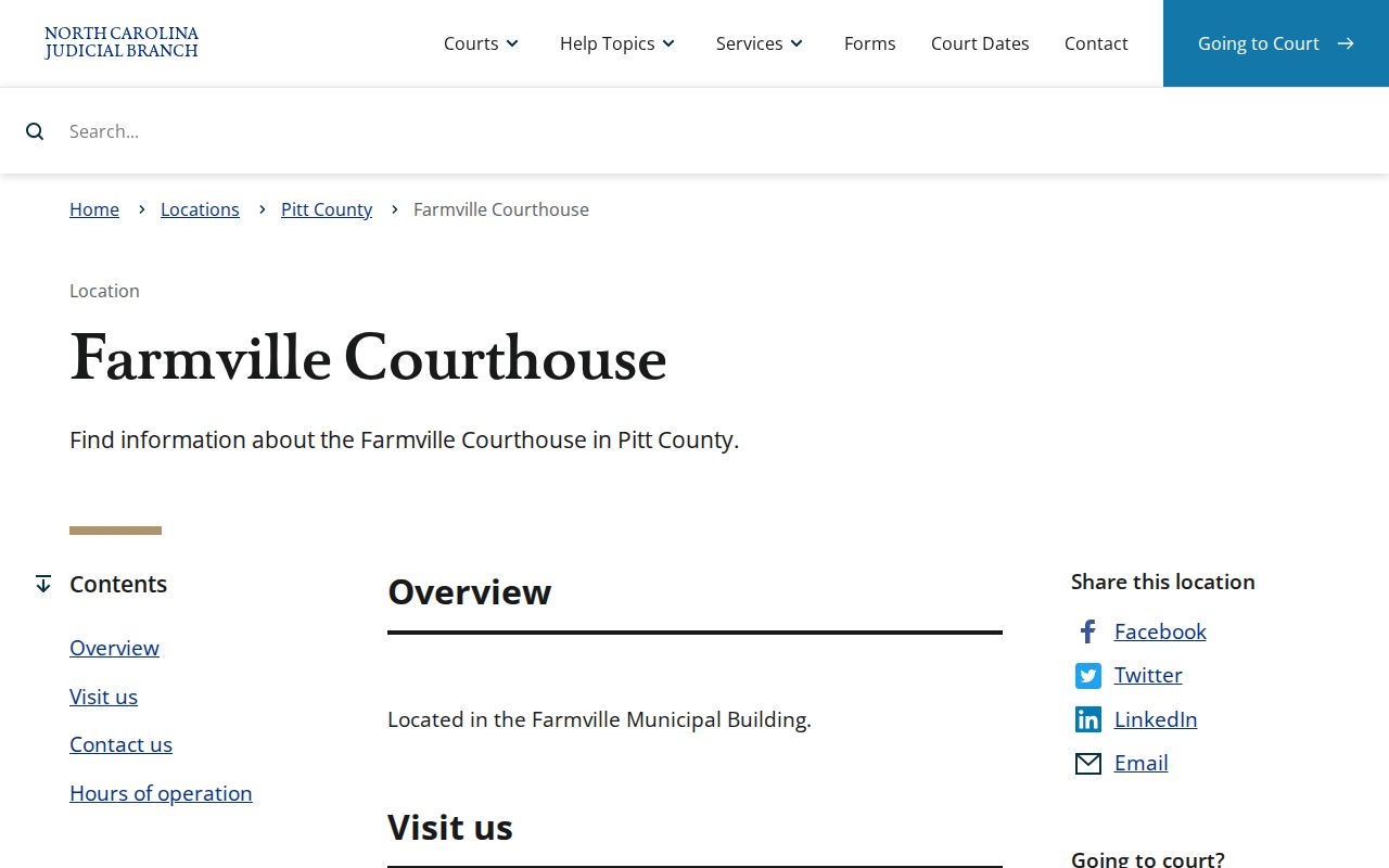 Official information for Farmville Courthouse, a Pitt County state court venue