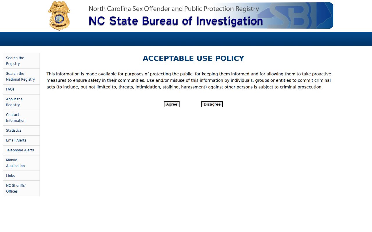 North Carolina Sex Offender Registry acceptable-use gate for a Pitt County search