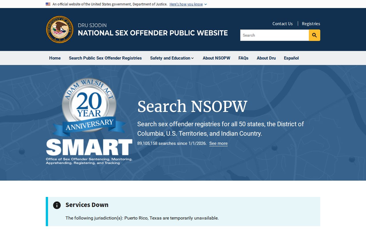 National Sex Offender Public Website cross-state search screen used with Pitt County registry checks