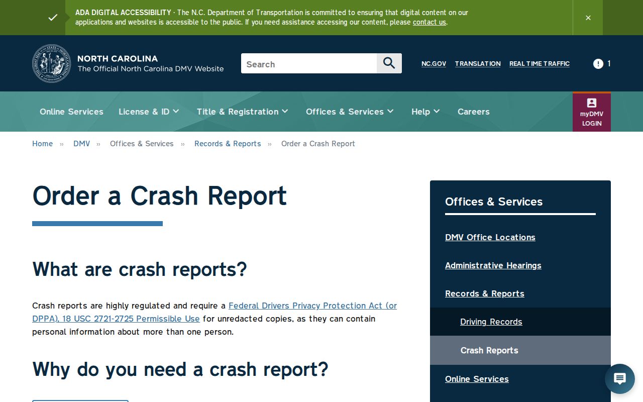 Winterville criminal records access through the official NCDMV crash report service